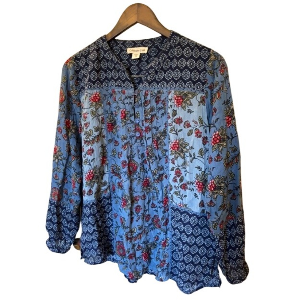 Coldwater Creek Blue Mixed Floral Geometric Patchwork Blouse PS Rayon Top